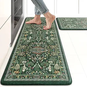 KIMODE Kitchen Mats Cushioned Anti Fatigue 17"x47"+17"x29", Farmhouse Kitchen Mats for Floor 2 Piece, Green Padded Kitchen Floor Mats Non Slip, Standing Mat for Laundry Office Sink Desk