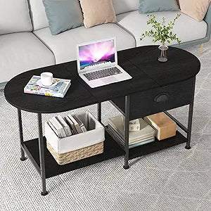 37" Oval Small Coffee Table with Storage,Modern Wood Living Room Center Table for Small Space,Apartment,Home Office,Drawer & Open Shelves,Easy Assembly,Black