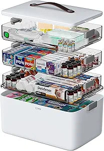 CTIME 4-Tier XL Medicine Organizer - Portable Medicine Cabinet with Leather Handle, Empty First Aid Kit for Home Organization Must, School, Dormitory, Travel, RV, Dorm, Ideal Elderly Gift