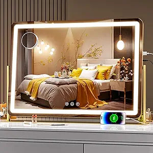 Hasipu Large LED Vanity Mirror 30"x21" - Makeup Mirror with 5X Magnification, Phone Holder, USB Charging, Smart Touch 3-Color Lighting & 360 Rotation (Gold)