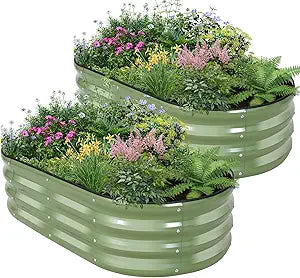 Galvanized Raised Garden Bed - 421ft (2 Packs) Planter Raised Beds for Gardening | Oval Metal Garden Planter Box with Safety Edging and Gloves for Vegetables Fruits and Flower OliveGreen