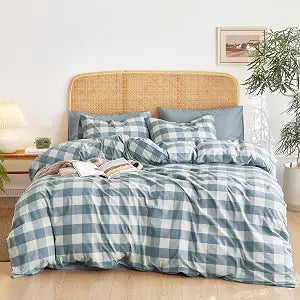 Wake In Cloud - Gingham Cotton Duvet Cover Set, Plaid Buffalo Check Checkered Farmhouse, 100% Washed Cotton Textured Bedding Set, 3 Pieces, Greyish Blue White, Full Size