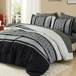 Cottolester Boho Comforter Set Queen Size,Black Gray Striped Bed in a Bag