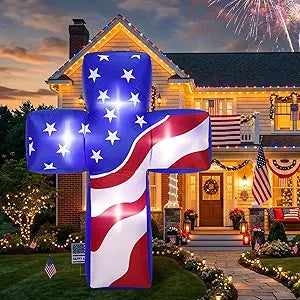 MiniInflat 7FT 4th of July Inflatables Outdoor Decorations, Patriotic Cross Blow Up Yard Decoration with LED Lights, 250th Anniversary Red White and Blue American Flag Inflatable Memorial Day Decor