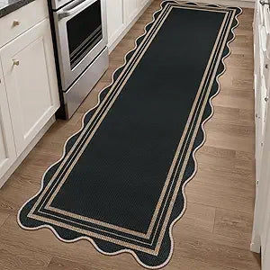 Scalloped 2.6x8 Kitchen Runner Rug, Washable Rugs for Entryway Non Slip Outdoor Indoor Black Long Rug, Farmhouse Morden Carpet for Hallway Bedroom