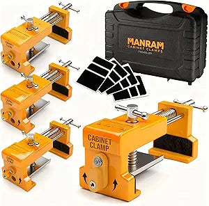 MANRAM Cabinet Clamps 4 Pack A Great Gift for Dad, Heavy Duty Cast Steel Face Frame Alignment Tool with Integrated Drill Guide, EVA Protective Pads and Carrying Case for Cabinet Installation