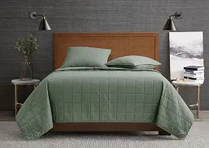 London Fog Garment Washed Solid Quilt Set Green Microfiber 3-Piece King Quilt Set, Solid Themed, Adult and Teen, Oeko-TEX Certified
