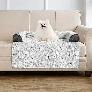Calming Small Dog Bed for Couch, 35 x 31 inch Removable Couch Cover for Dogs Washable, Non-Slip Fluffy Plush Dog Sofa Mat for Furniture Protector - Grey