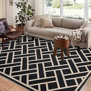 USTIDE Geometric Easy Jute 5x7 Area Rugs Washable Outdoor Patio Rug for Living Room Diamond Indoor Outdoor Living Room Carpet Non Slip Farmhouse Black Carpet for Backyard Dining Room