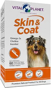 Vital Planet - Skin and Coat Supplement for Dogs with Choline, Inositol, Pumpkin, Flax and Omega-3 Oils to Support a Soft Shiny Healthy Coat and for Seasonal Allergies - 60 Chewable Tablets