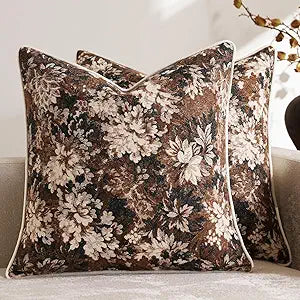 DEZENE Pack of 2 Vintage Floral Euro Sham Covers 24x24 Boho Farmhouse Accents Chenille Square Decorative Throw Pillow Cases for Living Room Couch Bed Home Decor, Dark Brown