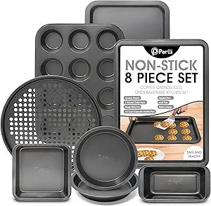 PERLLI Non-Stick 8-Piece Bakeware Set  Carbon Steel with Even Heat Distribution, Oven Safe to 446F, BPA-Free, Dishwasher Safe, Stackable Baking Tools for Easy Storage and Everyday Cooking - Gray