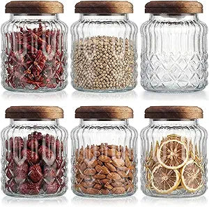 6 Pcs 1000ml/34 oz Vintage Glass Jars with Wooden Lids Ribbed Decorative Glass Storage Canisters Airtight Large Food Container Jars for Kitchen Pantry Coffee Spice Grains Tea Sugar(Floral)