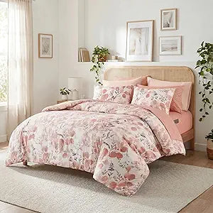 Lightweight Seersucker Botanical Comforter Set Queen Size, 9 Pieces Reversible Design Bed in A Bag Set, Premium Microfiber Bedding Set, Coral