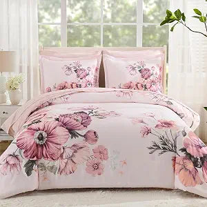 Queen Comforter Set - 7 Pieces Bed in a Bag Pink Floral Queen Comforter Set with Sheets, Soft Microfiber Flower Complete Bedding Set for All SeasonsPink,90"x90"