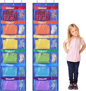 2 Pcs 59" x 17.7" Weekly Clothes Organizer for Kids with 12 Pockets, Blue