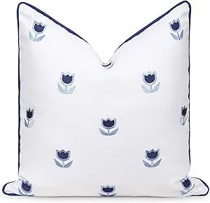 Hofdeco Premium Coastal Patio Indoor Outdoor Throw Pillow Cover Only, 20"x20" Water Repellent for Backyard, Couch, Navy Blue Embroidered Tulips Floral with Piping
