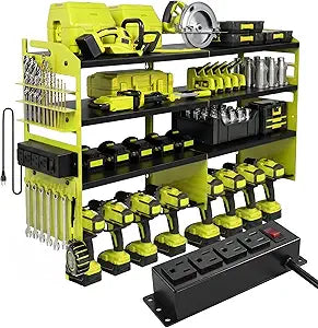 Power Tool Organizer Wall Mount with 4-Outlet Power Strip, Heavy Duty 600lbs Metal Tool Storage Rack, 4-Tier Garage Drill Holder & Charging Station for 8 Drills, Fluorescent Green