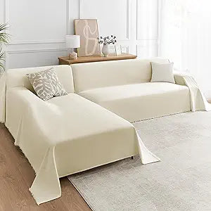 Sectional Couch Covers 2-Piece Set for L-Shaped Sofas, Pet Friendly Washable Furniture Protector, Chenille Couch Blanket Fits 2-3 Cushion Couches(71"x118"+71"x118", Beige)