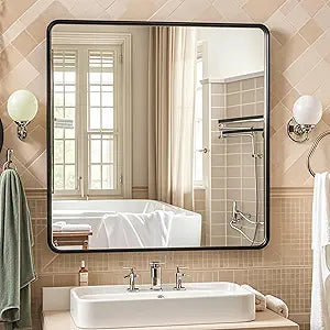 20x20 Black Square Mirror, Bathroom Mirrors for Over Sink, Rectangle Bathroom Vanity Mirror for Wall, Large Modern Metal Frame Shatterproof Rectangular Mirror for Restroom Powder Room Toilet