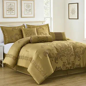 Chezmoi Collection Royale 7-Piece Jacquard Floral Comforter Set, Oversized King, Gold