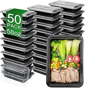 Meal Prep Containers, 50 Pack 58oz (100-Piece) Disposable Take Out Food Storage Containers with Leakproof Lids, Large Plastic To Go Lunch Boxes, BPA Free, Microwave/Dishwasher/Freezer Safe