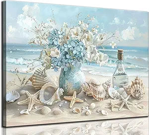 AKOTAC Blue Ocean Beach Bathroom Canvas Wall Art Seaside Seashell Painting Print Artwork Starfish with White Flower Coastal Picture Wall Decor for Living Room Bedroom Bathroom Decoration