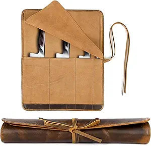 ELIZO Leather Knife Roll Bag Professional Chef Knife Case, Durable Knife Sheath Holder, Cooks & Culinary Tools Carrying Storage, Portable Knife Wrap - 4 Slots