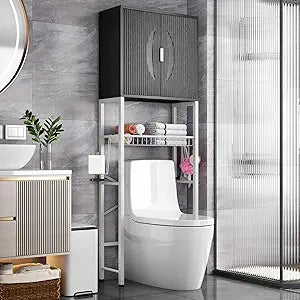 Kalrin Over The Toilet Storage Cabinet with Fluted Wave Doors and Adjustable Shelf, Wood Over Toilet Storage Rack with Drain Basket, Freestanding Bathroom Organizer for Balcony Laundry, Black & White