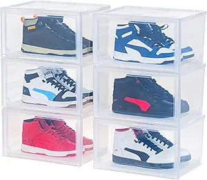 IRIS USA Stackable Shoe Display Box with Flip Up Door, 6-Pack, Sturdy Shoe Organizer Container with Side Display for High-Top Sneakers, Closet Under Bed and Entryway Storage, Clear