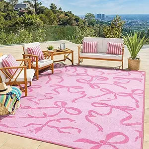 Nuanchu Outdoor Rug Pink Bow Plastic Straw Rugs 8x10ft Camping Carpet Rug Reversible Bow Patio Mat Coquette Indoor Outdoor Rv Mat for Valintines Outside Beach Pool Patio Backyard Deck