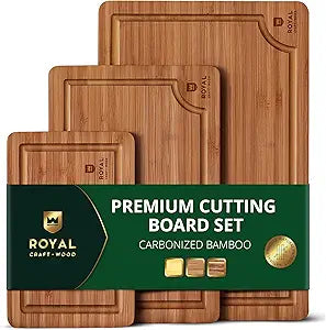 ROYAL CRAFT WOOD Wooden Cutting Boards for Kitchen Meal Prep & Serving - Non Toxic Bamboo Wood Cutting Board Set with Deep Juice Groove Side Handles - Charcuterie & Chopping Butcher Block for Meat