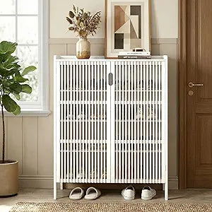 Shoe Cabinet with Doors Bamboo 5 Tiers Shoe Storage Cabinet for Entryway, 25 Pairs Wooden Shoe Cabinets, Modern Shoe Organizer Storage for Living Room, Bedroom, Hallway, Closet (White)