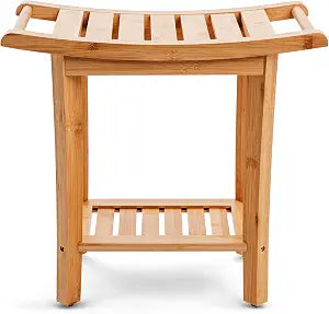 Teak shower bench with Storage Shelf, Shower Stool for Inside Shower, Waterproof Shower Bench Seat, Shower Chair for Inside Shower, Wood Bench, Bathroom Bench (Natural Wood) (Bamboo Wood)