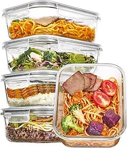Vtopmart 5 Pack 35oz Glass Food Storage Containers with Lids, Meal Prep Containers, Airtight Reusable Lunch Container Set, Safe for Oven, Microwave, Freezer, and Dishwasher, Grey