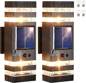 2 Pack Solar Outdoor Wall Lights with 3-Mode Motion Sensor Outside Sconces Up Down Solar Porch Light Fixtures 3000K 500LM Dusk to Dawn Modern Exterior Wall Lamp for House Garage Front Door