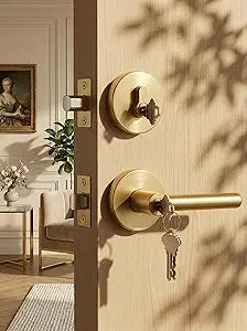 Goldenwarm Exterior Deadbolt and Keyed Entry Door Handle Set, Heavy Duty Zinc Alloy Gold Door Lever, Key Entry Front Brushed Gold Door Handle with Lock and Key(1 Pack)