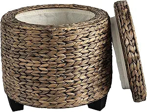 happimess SSL1002B Addie 17.72" Modern Coastal Handwoven Water Hyacinth Storage Ottoman with Lid, Foot Rest for Living Room, Bedroom, Entryway, Foyer, Brown Wash
