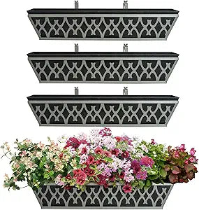 4 Pack 24 Inch Window Boxes Planters Railing Planter Box with Adjustable Brackets & Non-Woven Fabric Plant Grow Bags Deck Railing Planter Boxes Balcony Hanging Flower Box for Outdoor Plants