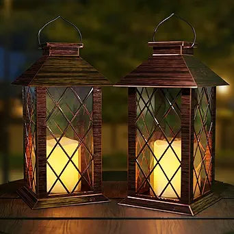Outdoor Solar Lanterns, Waterproof Hanging Lantern with LED Flickering Flameless Candle, 13'' Bronze Outdoor Solar Powered Lantern Decor for Porch Patio Garden Balcony Pathway, 2 Pack