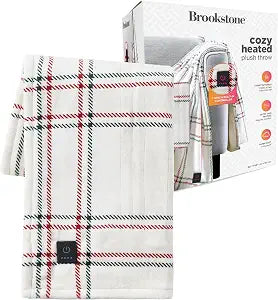 Brookstone Heated Throw Blanket - Heat Blankets Electric - Faux Fur Heated Throw Blanket- 4 Heat Settings, 4-Hour Auto Shut Off, 100% Polyester, 50"x60" - Holiday Ivory Windowpane