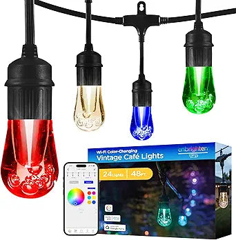 Enbrighten Vibe Vintage Outdoor String Lights Gen 2, 48ft, 24 RGBWIC Acrylic Bulbs, Weatherproof, Perfect for Gameday, Holidays, and More, Smart App Control, Compatible with Alexa, Google Home, 86128