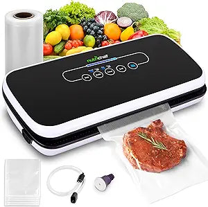 NutriChef Automatic Food Vacuum Sealer, Electric Air Sealing Preserver System for Dry and Moist Foods, LED Control, Strong Suction, Includes Bags, Wine Stopper Cork, and Air Suction Hose, 14x6x3
