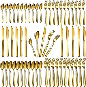 Hunnycook 60-Piece Gold Silverware Set - Service for 12, Includes Forks Spoons and Knives, Utensil Sets for Home Kitchen Restaurant, Dishwasher Safe