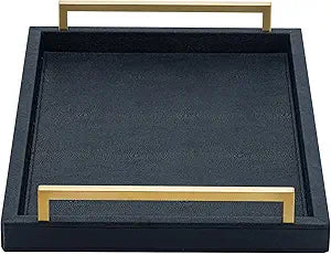 XIGEXIGE Black Faux Leather Serving Tray, 17x12 inches, Brushed Gold Handles, Decorative Tray for Ottoman Coffee Table, Living Room, Kitchen, Bathroom