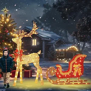 52 Inch 3D Gold Large Lighted Christmas Reindeer & Sleigh Decorations 2-Piece Outdoor Holiday Decorations Reindeer Set with 160 Warm White LEDs, Large Yard Display for Garden, Storefront
