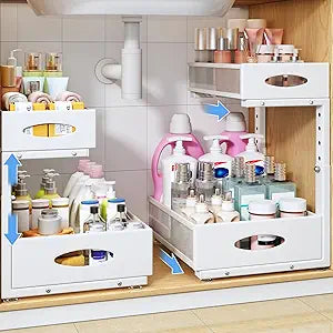 Under Sink Organizer, 2 Pack 2 Tier Pull Out Under Cabinet Organizer Shelf with Pad for Framed Cabinets, Metal Slide Out Under Sink Storage, Mesh Sliding Drawers for Kitchen Bathroom Laundry, White