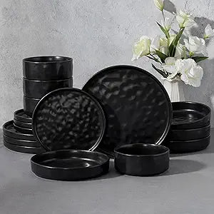 E-far 16-Piece Black Plates and Bowls Sets with Pasta Bowls - Stoneware Dinnerware Set for 4, Modern Ribbed Matte Black Kitchen Dishes, Microwave & Dishwasher Safe