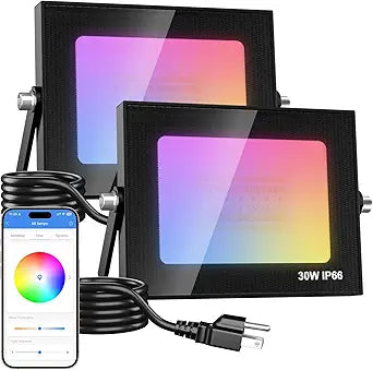 Smart Outdoor Flood Light, 30W App Control RGBCW Color Changing, 3000LM Dimmable Security Lights with Remote, IP66 Waterproof Landscape Lighting for Yard, Garden - 2 Pack