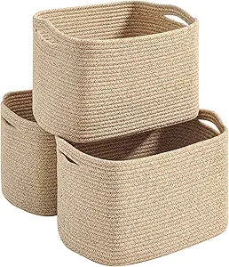 Storage Baskets for Organizing Shelves, Woven Cotton Rope Basket for Storage, Dog Toy Baskets Storage Kids, Cute Shelf Basket for Living Room Bedroom, 14.8"11"9.5", Pack of 3, Brown